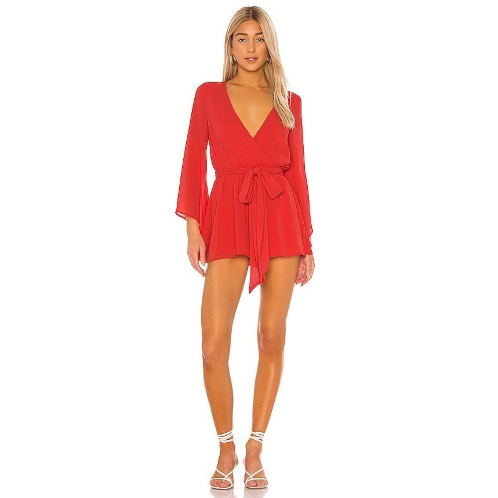 House of Harlow 1960 x REVOLVE Caprice Romper XS Coral Wrap Bell Sleeve Event
